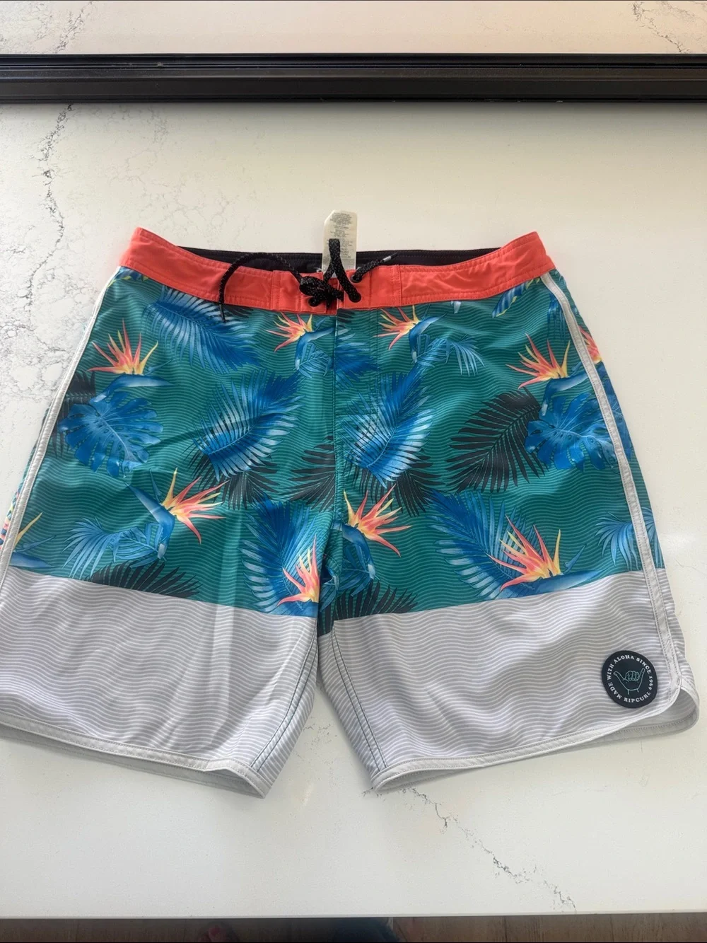 Rip Curl Teal Tropical Board Shorts with Coral Waistband